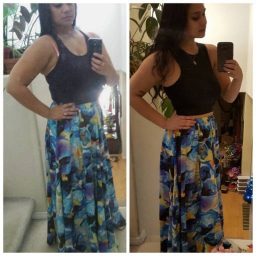 A before and after photo of a 5'4" female showing a weight reduction from 200 pounds to 152 pounds. A net loss of 48 pounds.