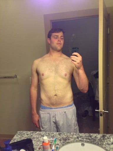 A before and after photo of a 6'1" male showing a weight cut from 225 pounds to 210 pounds. A total loss of 15 pounds.