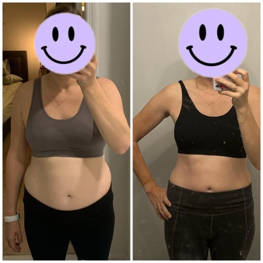 A progress pic of a 5'4" woman showing a fat loss from 166 pounds to 131 pounds. A net loss of 35 pounds.