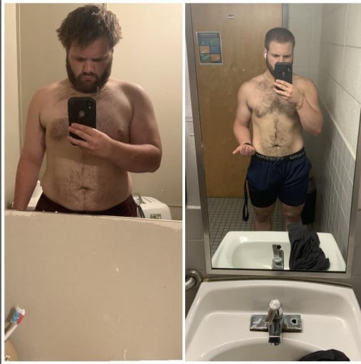 Before and After 66 lbs Fat Loss 5 feet 8 Male 265 lbs to 199 lbs
