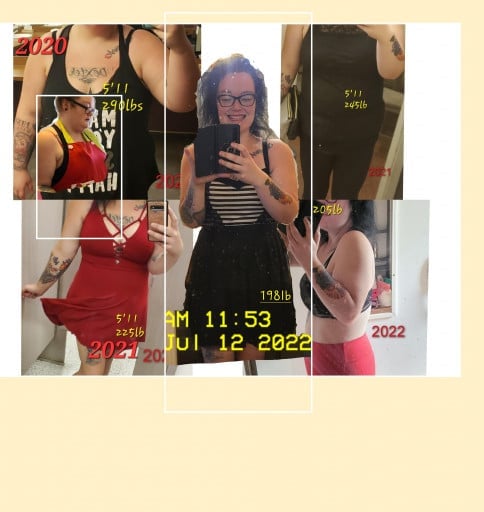 A before and after photo of a 5'11" female showing a weight reduction from 304 pounds to 195 pounds. A total loss of 109 pounds.