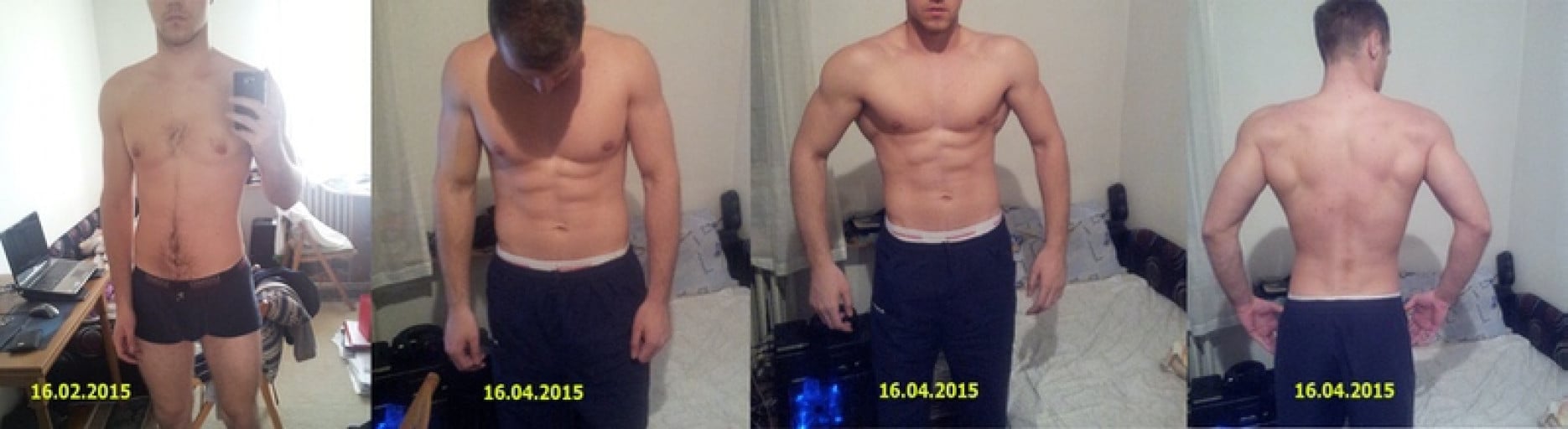 A before and after photo of a 6'4" male showing a muscle gain from 180 pounds to 195 pounds. A total gain of 15 pounds.