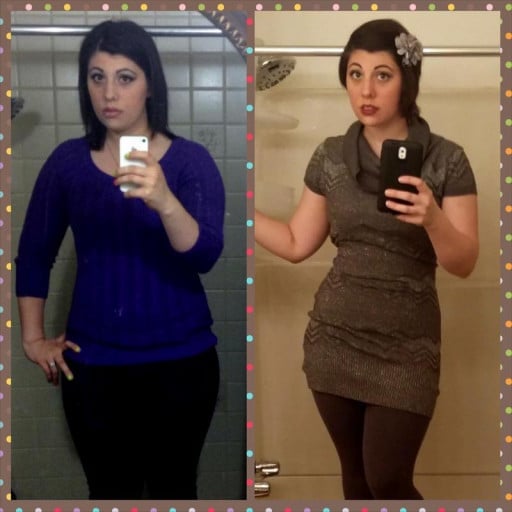 A picture of a 5'3" female showing a weight loss from 172 pounds to 138 pounds. A total loss of 34 pounds.