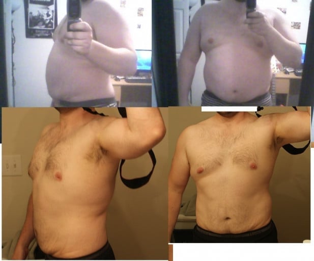 A progress pic of a 5'9" man showing a fat loss from 265 pounds to 210 pounds. A net loss of 55 pounds.