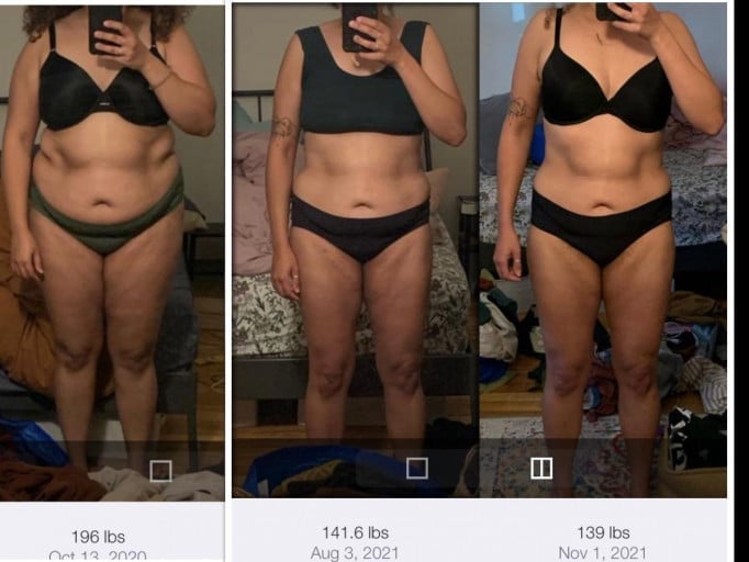 A photo of a 5'5" woman showing a weight cut from 199 pounds to 138 pounds. A total loss of 61 pounds.
