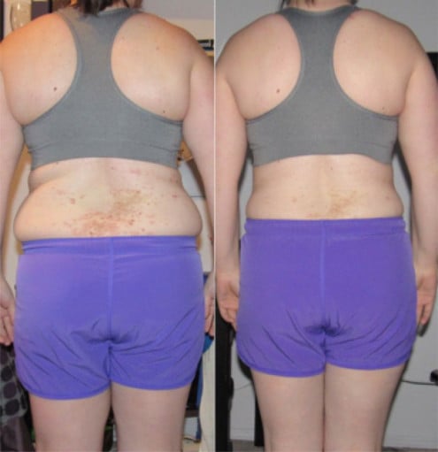 A picture of a 5'2" female showing a fat loss from 164 pounds to 151 pounds. A net loss of 13 pounds.