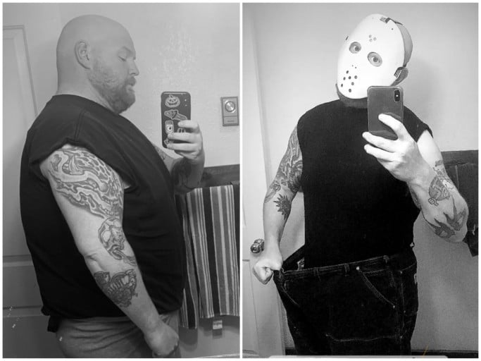 A progress pic of a 6'2" man showing a fat loss from 384 pounds to 265 pounds. A respectable loss of 119 pounds.