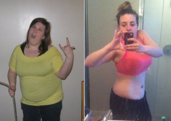 A picture of a 5'2" female showing a fat loss from 242 pounds to 155 pounds. A respectable loss of 87 pounds.