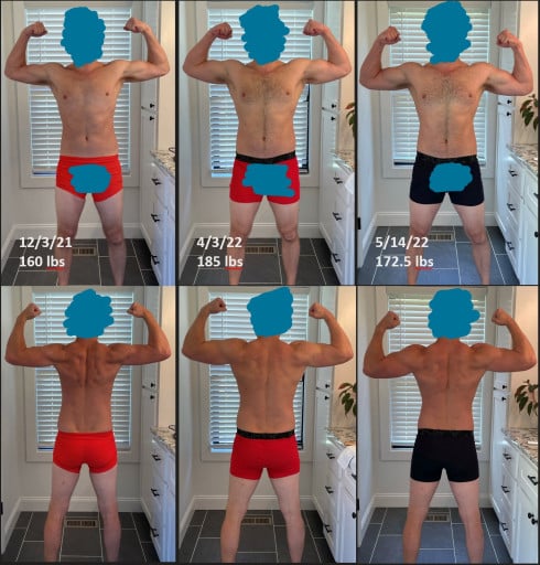 5 feet 10 Male Progress Pics of 25 lbs Muscle Gain 160 lbs to 185 lbs