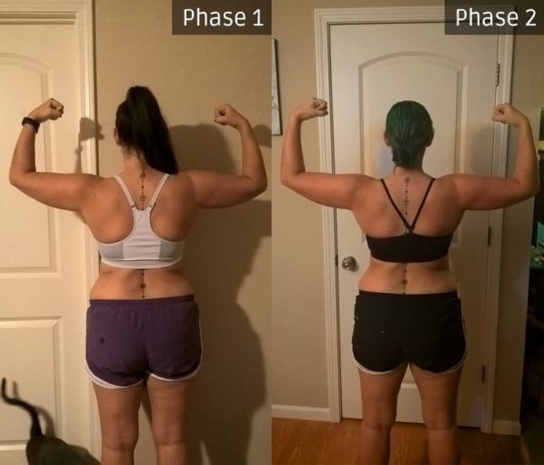 A progress pic of a 5'6" woman showing a weight cut from 180 pounds to 174 pounds. A total loss of 6 pounds.