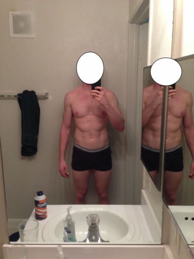 A before and after photo of a 5'11" male showing a weight bulk from 165 pounds to 170 pounds. A total gain of 5 pounds.