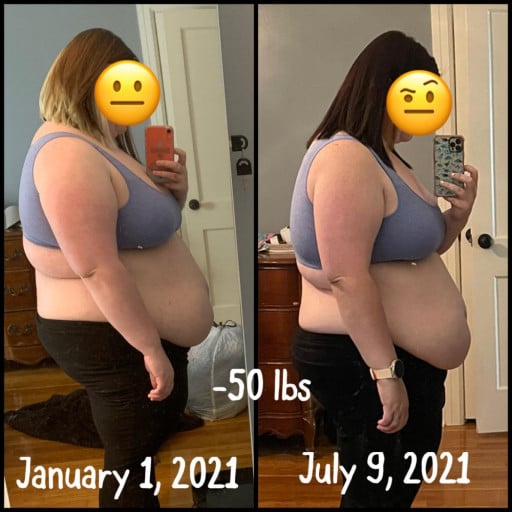 A progress pic of a 5'4" woman showing a fat loss from 313 pounds to 263 pounds. A net loss of 50 pounds.