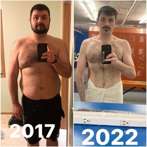 A picture of a 6'0" male showing a weight loss from 315 pounds to 175 pounds. A net loss of 140 pounds.