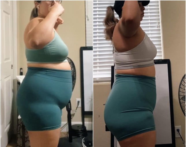 A picture of a 5'2" female showing a weight loss from 202 pounds to 190 pounds. A net loss of 12 pounds.