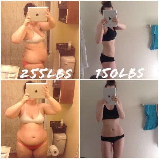 A progress pic of a 5'7" woman showing a fat loss from 255 pounds to 150 pounds. A total loss of 105 pounds.