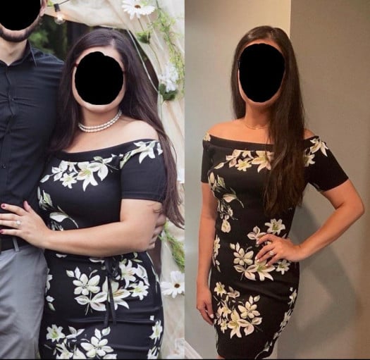 A picture of a 5'7" female showing a weight loss from 190 pounds to 149 pounds. A net loss of 41 pounds.