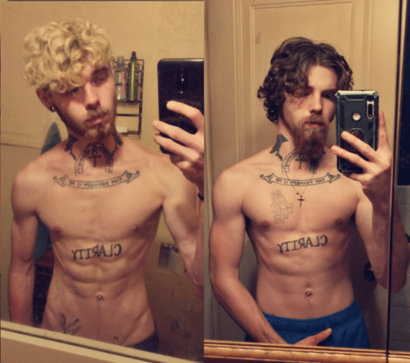 A before and after photo of a 5'7" male showing a weight bulk from 100 pounds to 130 pounds. A respectable gain of 30 pounds.
