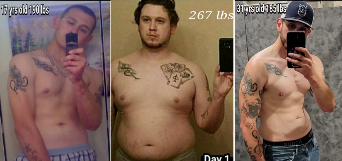 A picture of a 6'1" male showing a weight loss from 267 pounds to 185 pounds. A respectable loss of 82 pounds.
