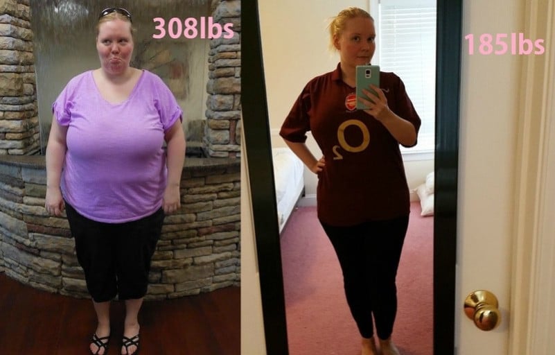 A progress pic of a 5'6" woman showing a fat loss from 308 pounds to 185 pounds. A respectable loss of 123 pounds.
