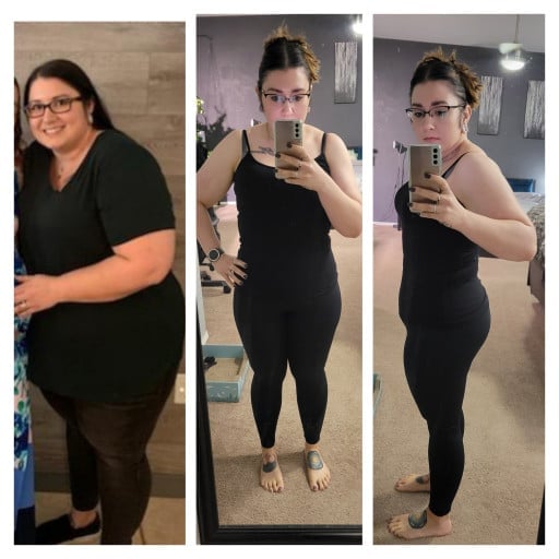 A progress pic of a 5'4" woman showing a fat loss from 292 pounds to 185 pounds. A respectable loss of 107 pounds.