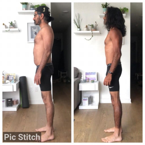 A before and after photo of a 5'10" male showing a weight reduction from 156 pounds to 133 pounds. A net loss of 23 pounds.