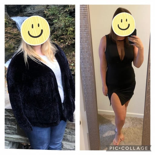 A progress pic of a 5'9" woman showing a fat loss from 380 pounds to 205 pounds. A total loss of 175 pounds.