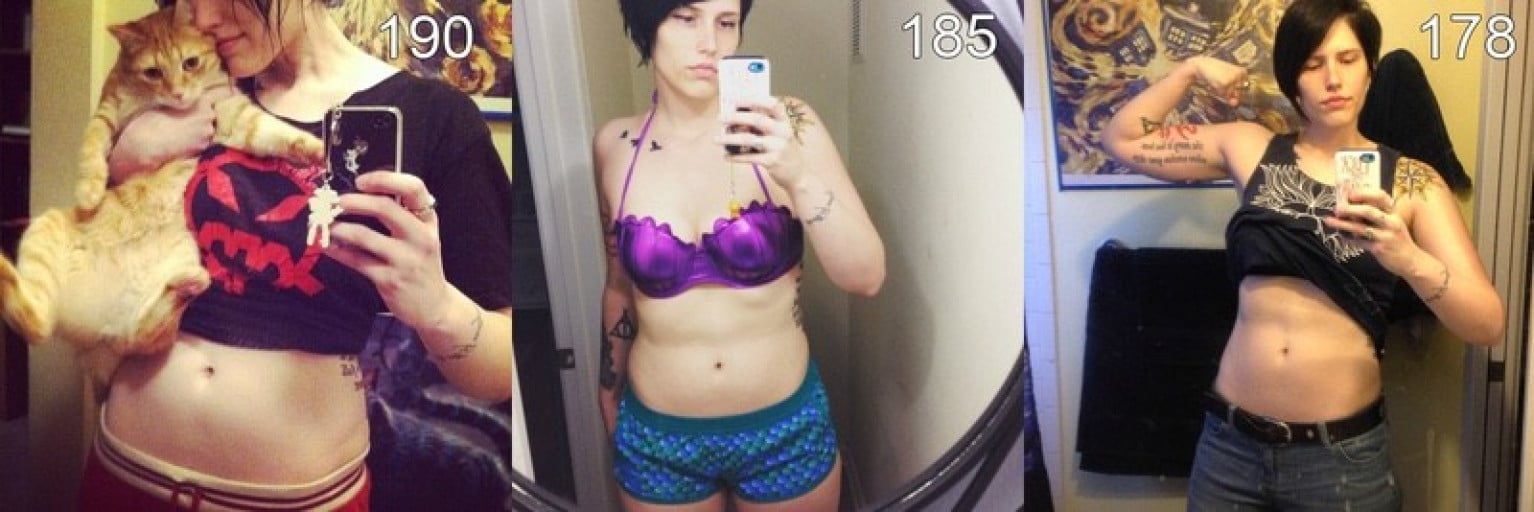 A picture of a 6'0" female showing a weight loss from 190 pounds to 178 pounds. A net loss of 12 pounds.
