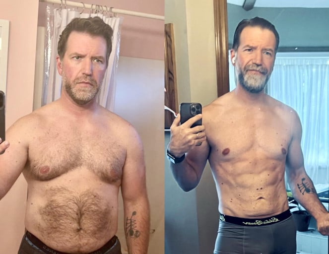A before and after photo of a 5'10" male showing a weight reduction from 225 pounds to 169 pounds. A net loss of 56 pounds.