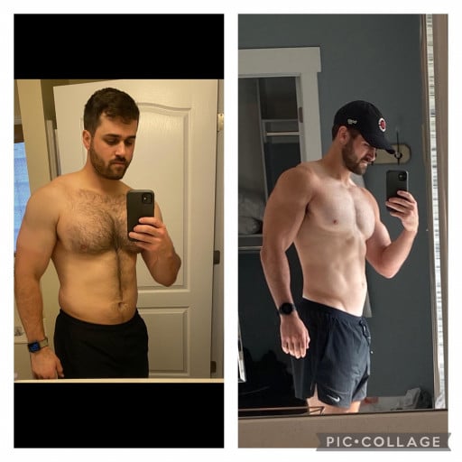 A progress pic of a 5'10" man showing a fat loss from 205 pounds to 182 pounds. A total loss of 23 pounds.