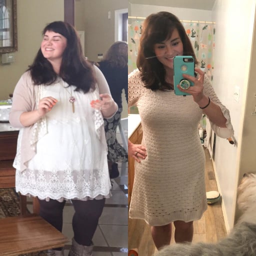 A progress pic of a 5'7" woman showing a fat loss from 283 pounds to 182 pounds. A total loss of 101 pounds.