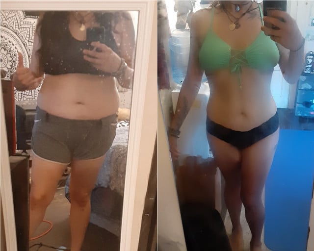 A before and after photo of a 5'7" female showing a weight reduction from 215 pounds to 170 pounds. A total loss of 45 pounds.