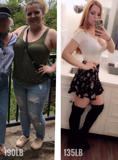 A progress pic of a 5'2" woman showing a fat loss from 215 pounds to 135 pounds. A net loss of 80 pounds.