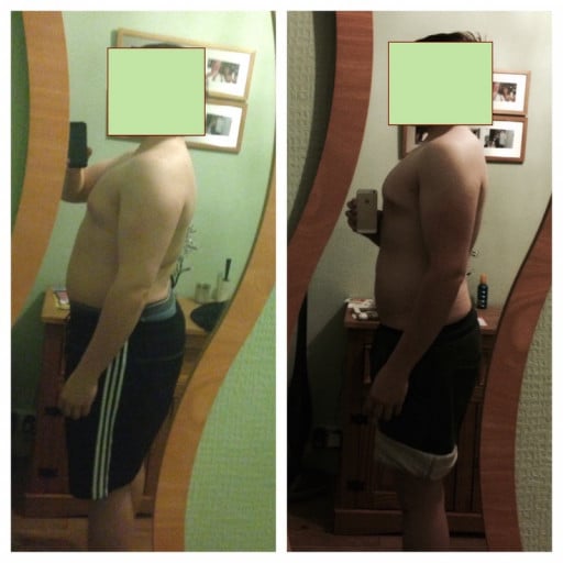 A photo of a 5'11" man showing a fat loss from 255 pounds to 218 pounds. A net loss of 37 pounds.