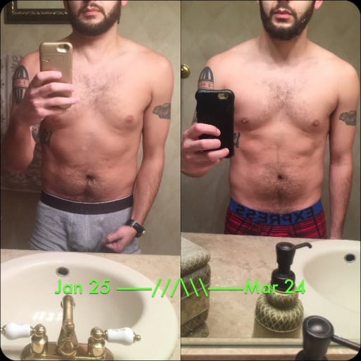 A before and after photo of a 5'8" male showing a weight reduction from 161 pounds to 156 pounds. A respectable loss of 5 pounds.