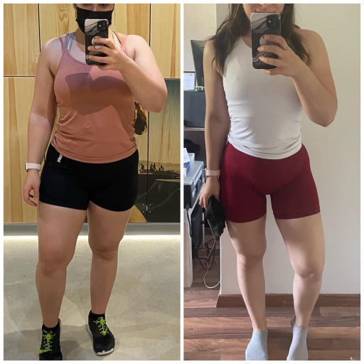 A progress pic of a 5'2" woman showing a fat loss from 163 pounds to 139 pounds. A net loss of 24 pounds.