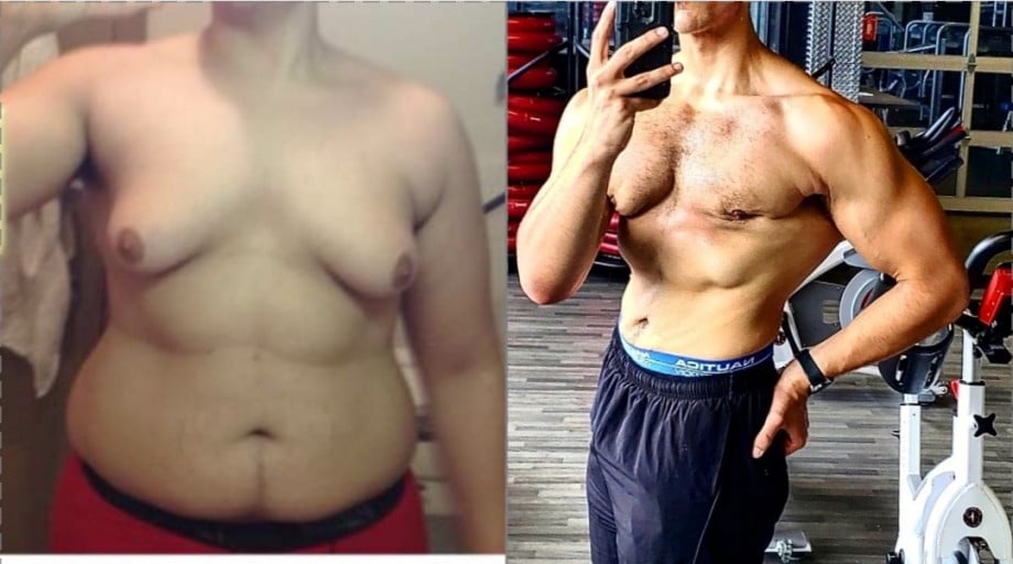 Before and After 80 lbs Fat Loss 6 feet 1 Male 290 lbs to 210 lbs