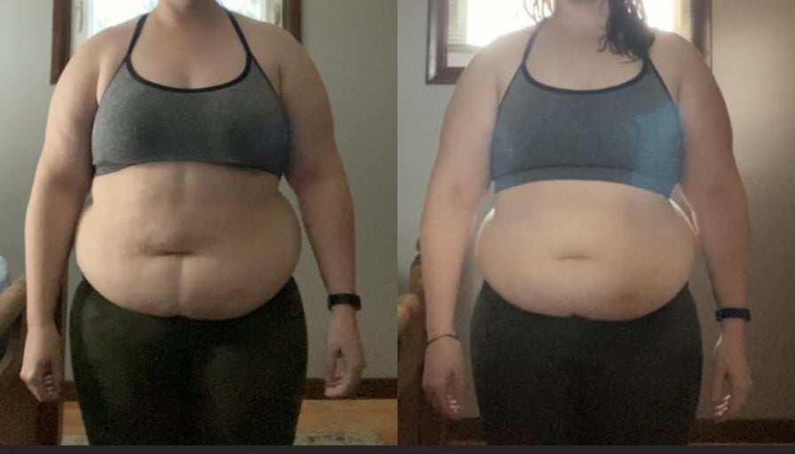 A progress pic of a 5'1" woman showing a fat loss from 202 pounds to 184 pounds. A total loss of 18 pounds.