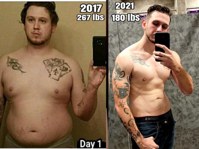 87 lbs Fat Loss Before and After 6 feet 1 Male 267 lbs to 180 lbs