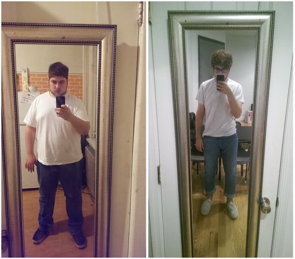 A progress pic of a 5'11" man showing a weight loss from 285 pounds to 175 pounds. A net loss of 110 pounds.