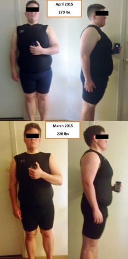 A progress pic of a 5'8" woman showing a fat loss from 270 pounds to 220 pounds. A total loss of 50 pounds.