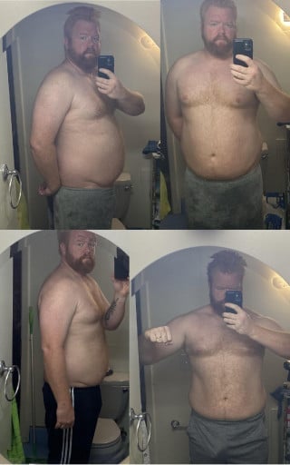 A before and after photo of a 6'2" male showing a weight reduction from 308 pounds to 280 pounds. A total loss of 28 pounds.