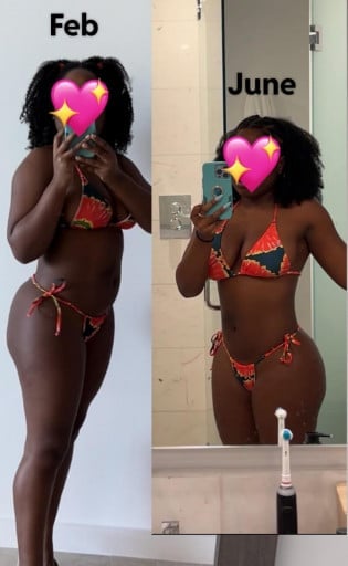 A before and after photo of a 4'10" female showing a weight reduction from 137 pounds to 124 pounds. A respectable loss of 13 pounds.