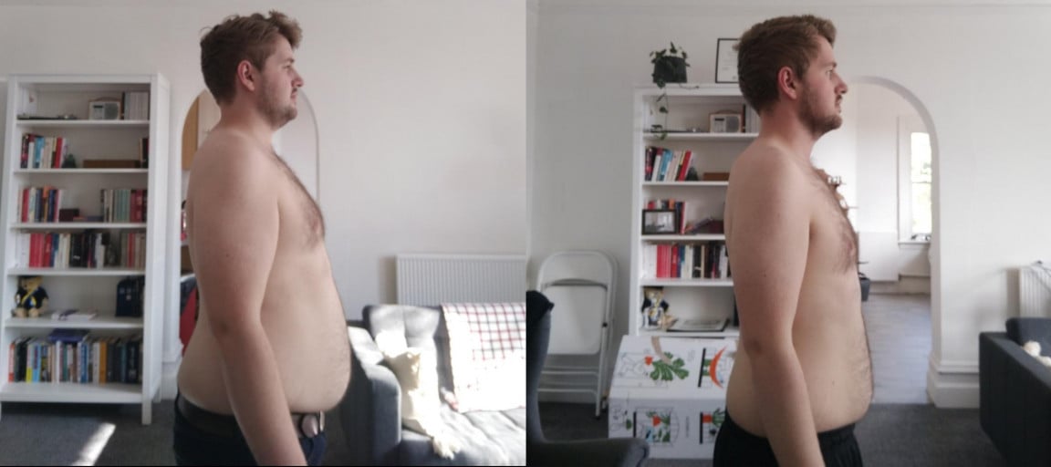 Before and After 57 lbs Weight Loss 5'8 Male 231 lbs to 174 lbs