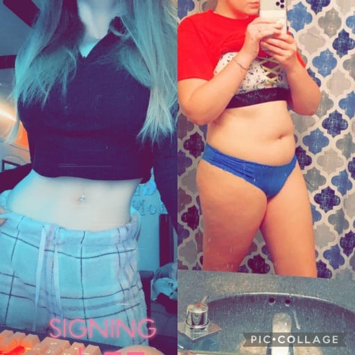 A before and after photo of a 5'6" female showing a weight reduction from 171 pounds to 126 pounds. A respectable loss of 45 pounds.