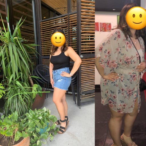 A before and after photo of a 5'2" female showing a weight reduction from 192 pounds to 141 pounds. A total loss of 51 pounds.
