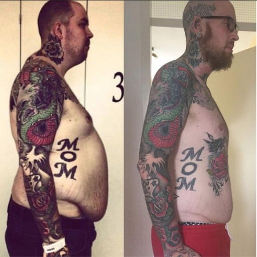 A before and after photo of a 6'6" male showing a weight cut from 352 pounds to 231 pounds. A respectable loss of 121 pounds.