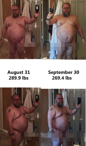 Progress Pics of 20 lbs Fat Loss 5 feet 7 Male 289 lbs to 269 lbs