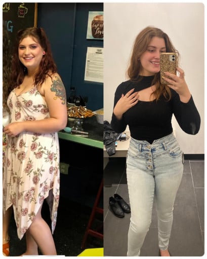 A progress pic of a 5'4" woman showing a fat loss from 180 pounds to 150 pounds. A respectable loss of 30 pounds.