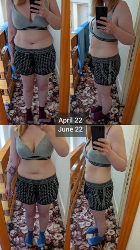 A photo of a 5'3" woman showing a weight cut from 149 pounds to 136 pounds. A total loss of 13 pounds.