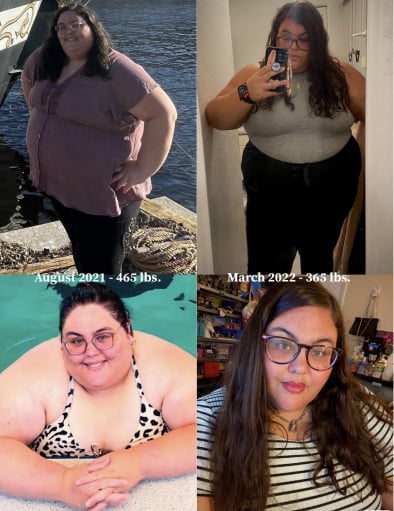 A picture of a 5'8" female showing a weight loss from 465 pounds to 365 pounds. A respectable loss of 100 pounds.